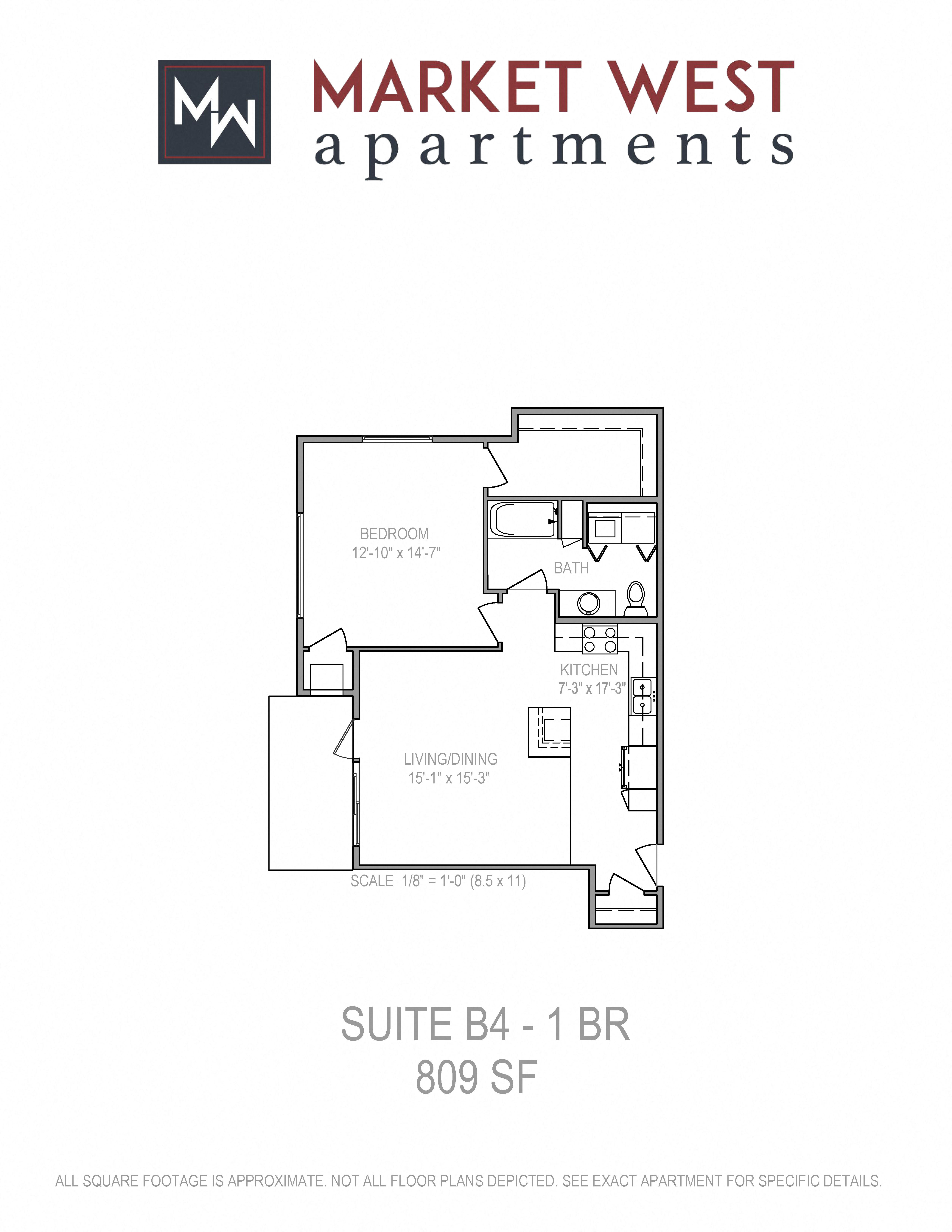Floor plan for 1 bed, 1 bath, 809 sqft